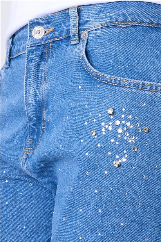 İkoll 0033855 Mavi Kadın Parlak Taşlı Mom Pantolon