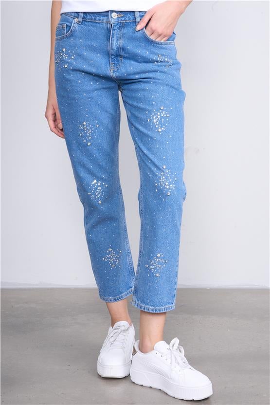 İkoll 0033855 Mavi Kadın Parlak Taşlı Mom Pantolon