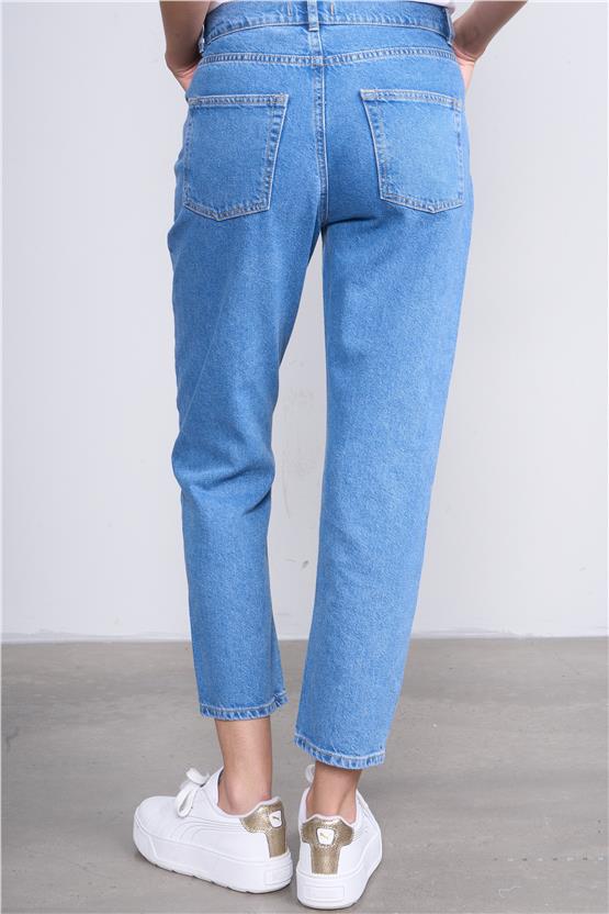 İkoll 0033855 Mavi Kadın Parlak Taşlı Mom Pantolon