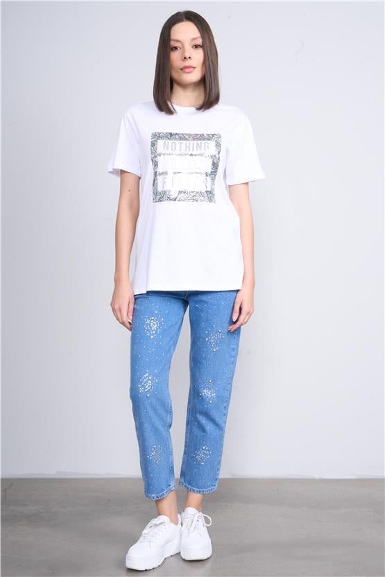 İkoll 0033855 Mavi Kadın Parlak Taşlı Mom Pantolon