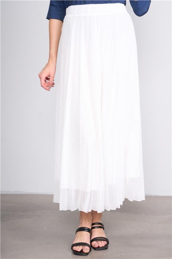 İkoll 0034529 Ekru Kadın Taşlı Piliseli Sıfon Etek