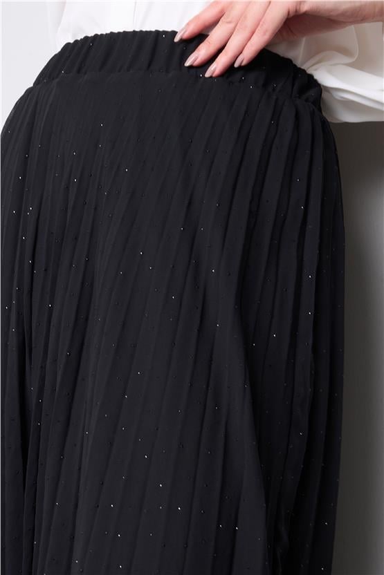 İkoll 0034529 Siyah Kadın Taşlı Piliseli Sıfon Etek