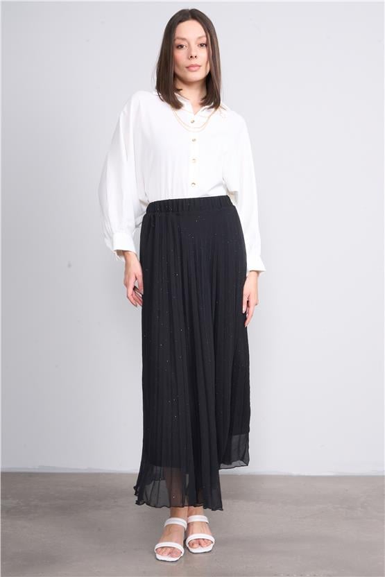 İkoll 0034529 Siyah Kadın Taşlı Piliseli Sıfon Etek