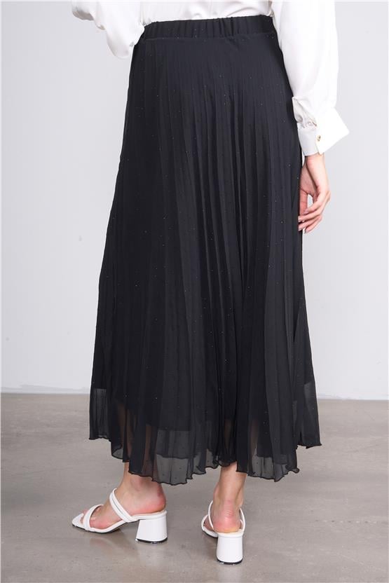 İkoll 0034529 Siyah Kadın Taşlı Piliseli Sıfon Etek