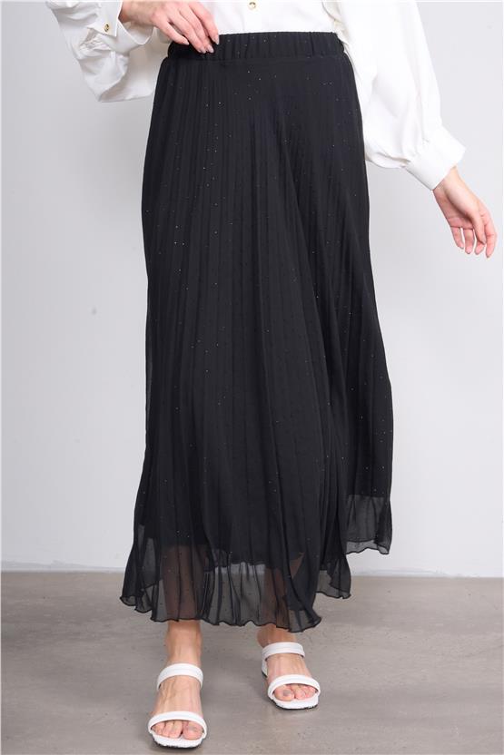 İkoll 0034529 Siyah Kadın Taşlı Piliseli Sıfon Etek