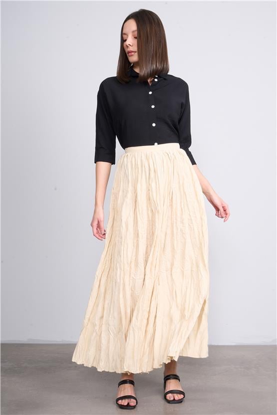 İkoll 0034717 Bej Kadın Genıs Form Piliseli Etek