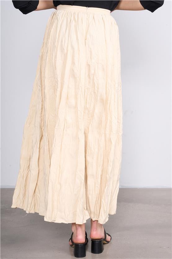 İkoll 0034717 Bej Kadın Genıs Form Piliseli Etek