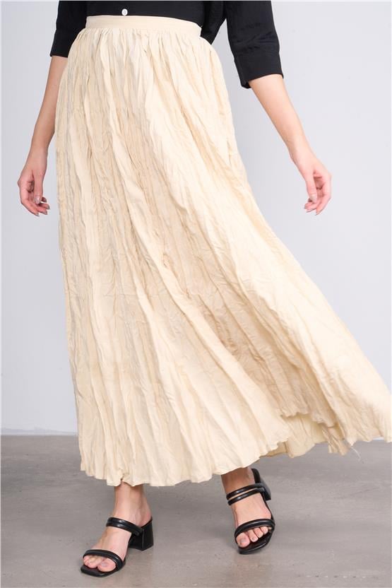 İkoll 0034717 Bej Kadın Genıs Form Piliseli Etek