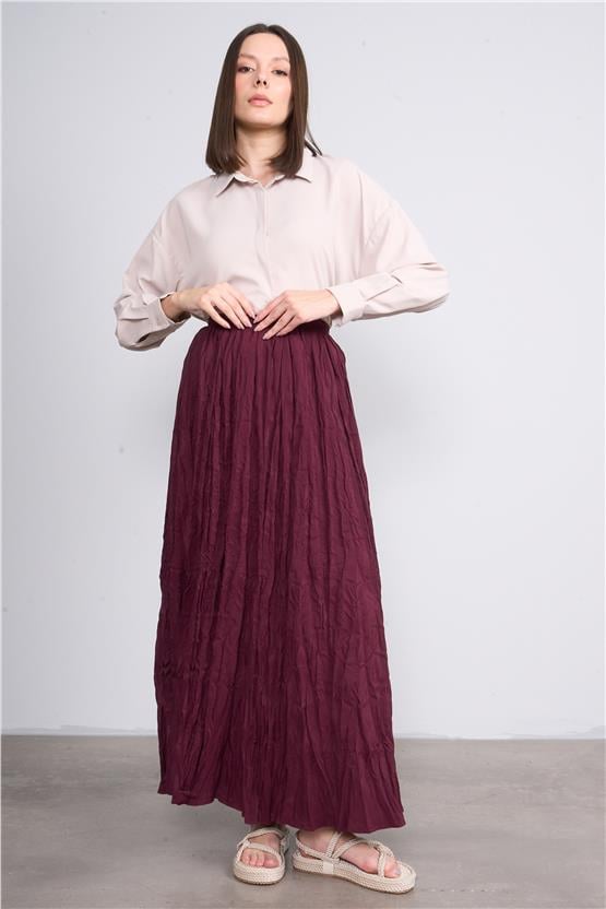 İkoll 0034717 Bordo Kadın Genıs Form Piliseli Etek