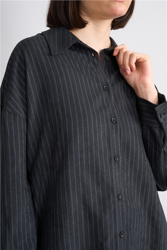 İkoll 0036222 002 Siyah Çizgili Oversize Gömlek