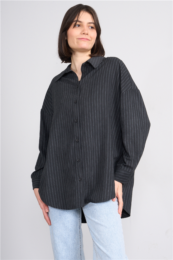 İkoll 0036222 002 Siyah Çizgili Oversize Gömlek