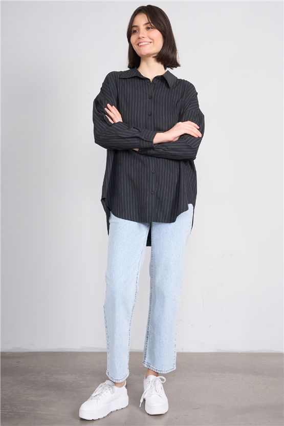 İkoll 0036222 002 Siyah Çizgili Oversize Gömlek