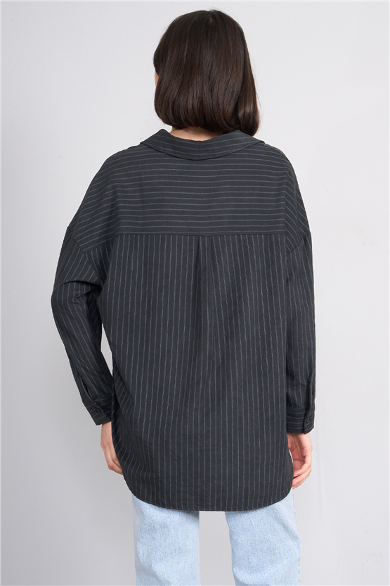 İkoll 0036222 002 Siyah Çizgili Oversize Gömlek