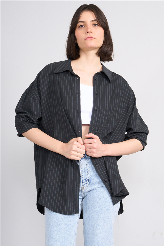 İkoll 0036222 002 Siyah Çizgili Oversize Gömlek