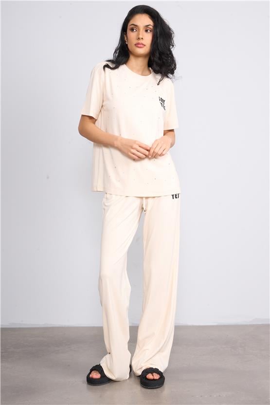 İkoll 1003420 Bej Kadın Taş/Baskı Detaylı Takım