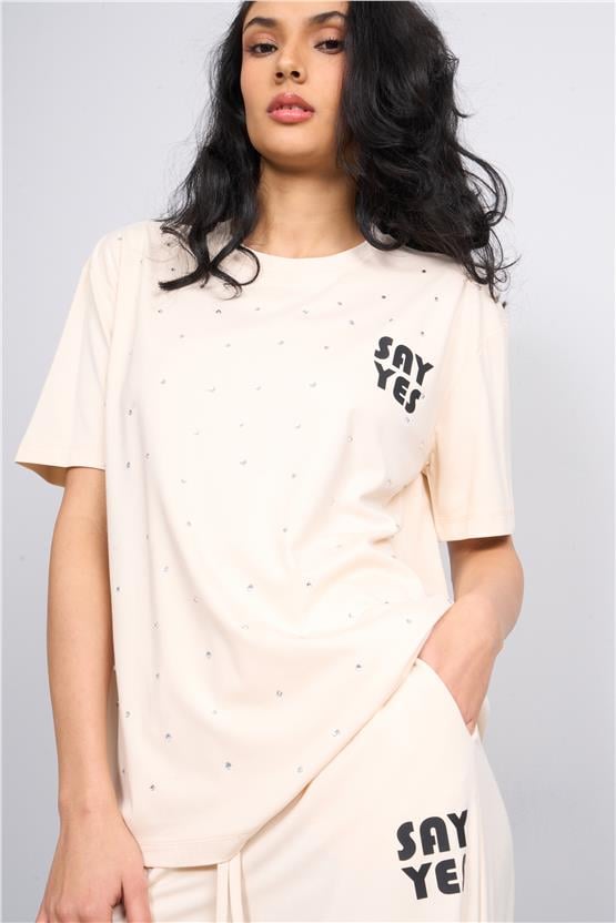 İkoll 1003420 Bej Kadın Taş/Baskı Detaylı Takım