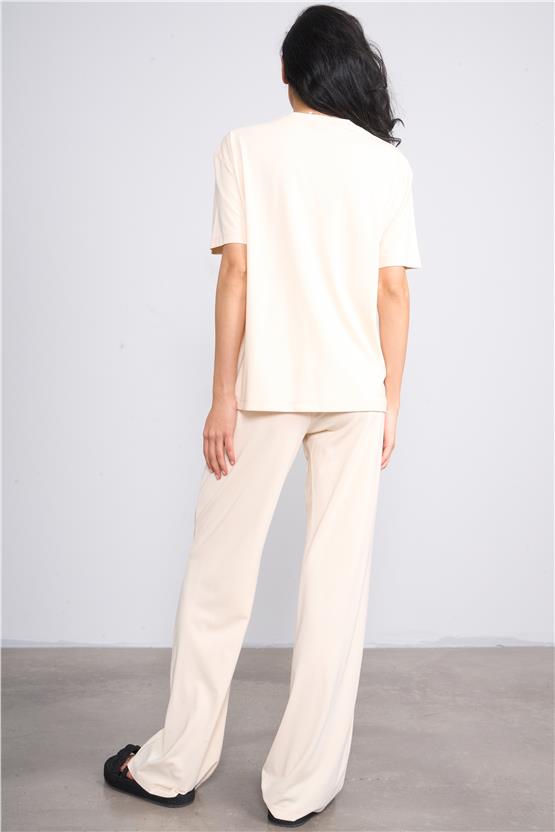 İkoll 1003420 Bej Kadın Taş/Baskı Detaylı Takım