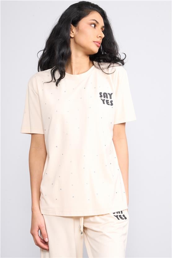 İkoll 1003420 Bej Kadın Taş/Baskı Detaylı Takım