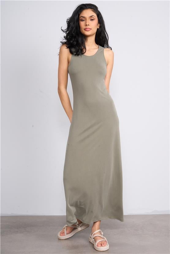 İkoll 1004309 Haki Kadın Modal Maxi Elbise