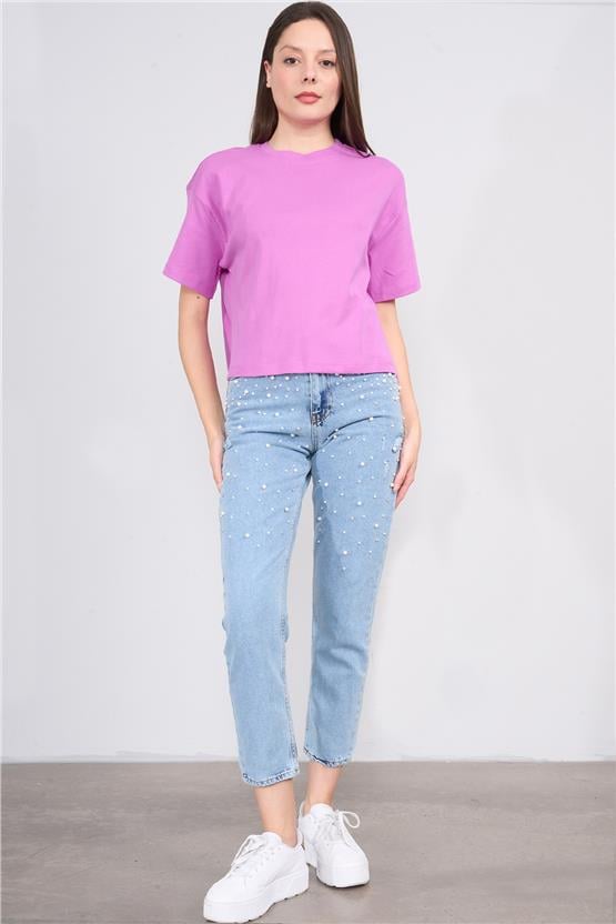 İkoll 1004503 Hıper Mor Kadın Basic Crop T-Shirt