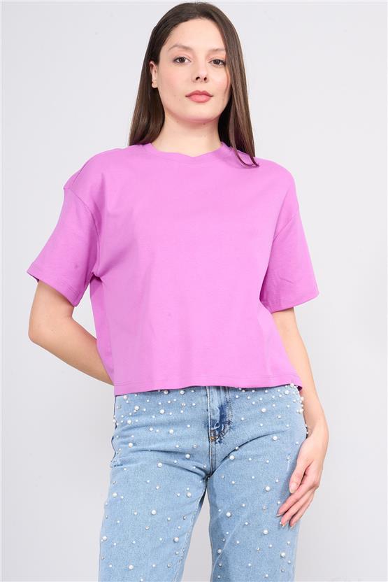 İkoll 1004503 Hıper Mor Kadın Basic Crop T-Shirt
