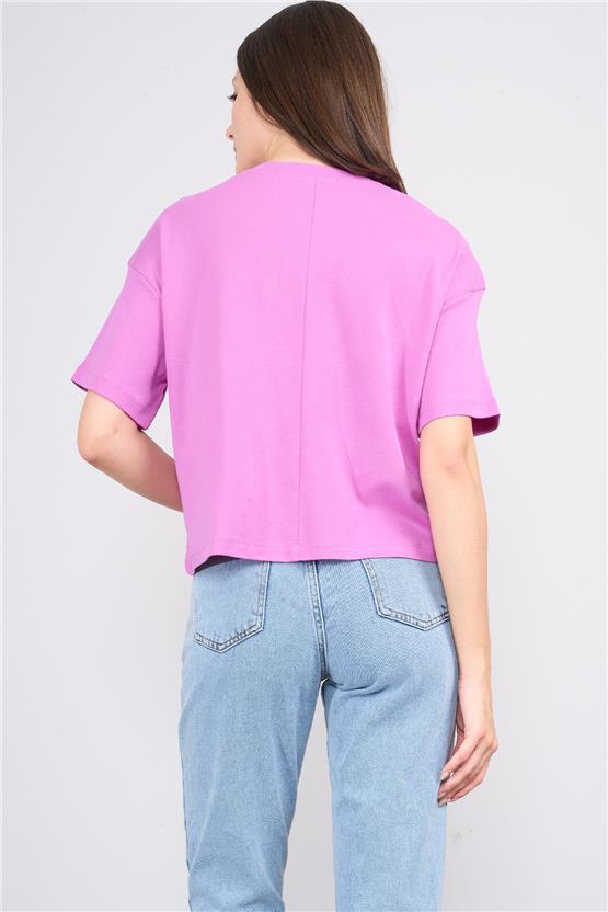 İkoll 1004503 Hıper Mor Kadın Basic Crop T-Shirt