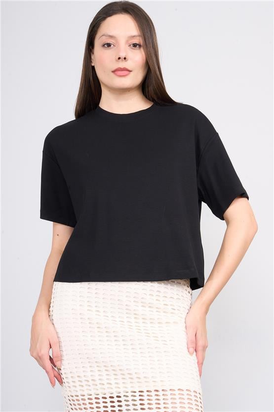 İkoll 1004503 Siyah Kadın Basic Crop T-Shirt