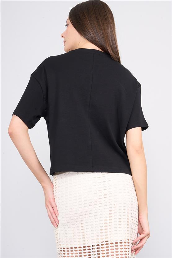 İkoll 1004503 Siyah Kadın Basic Crop T-Shirt