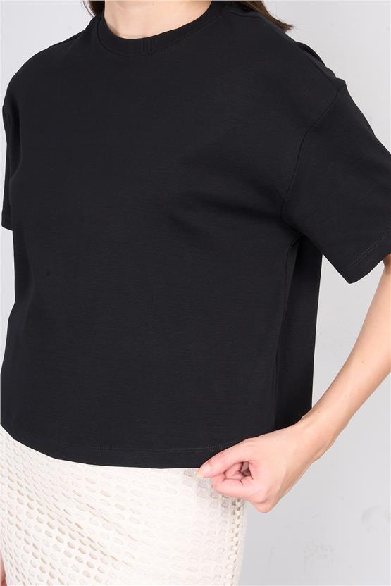 İkoll 1004503 Siyah Kadın Basic Crop T-Shirt