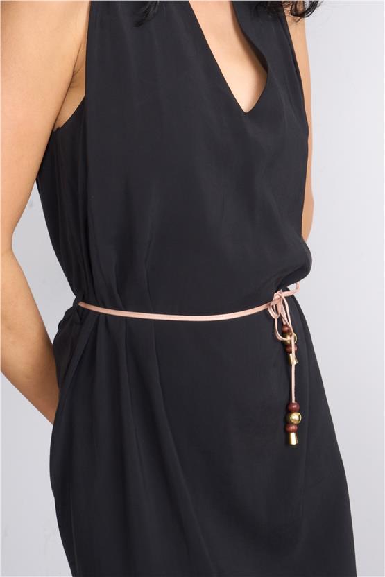 İkoll 1004514 Siyah Kadın Çicek Kemerli Modal Elbise