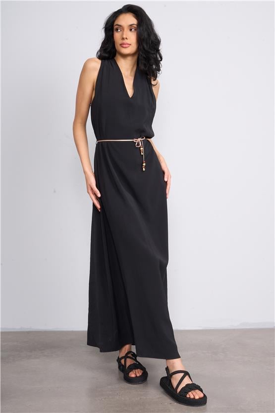 İkoll 1004514 Siyah Kadın Çicek Kemerli Modal Elbise