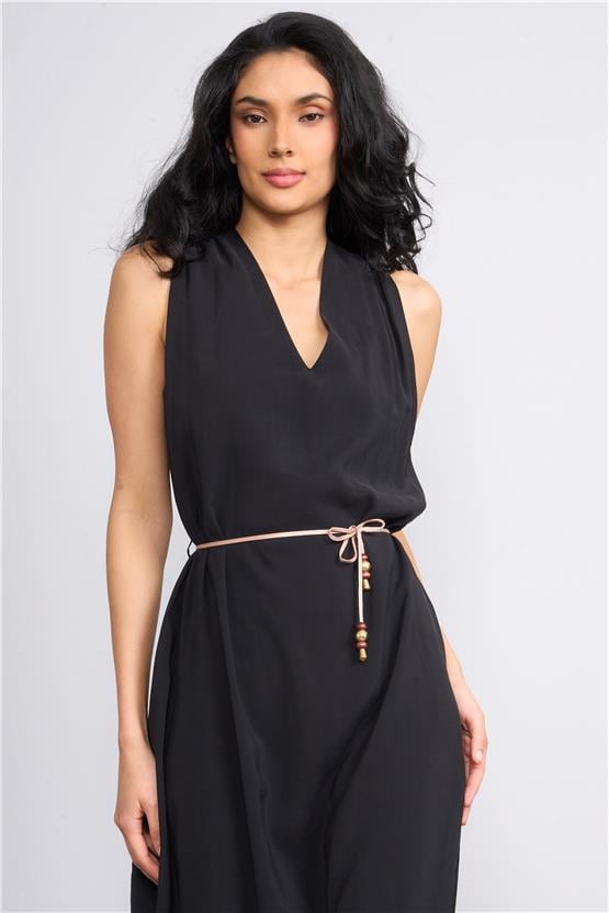 İkoll 1004514 Siyah Kadın Çicek Kemerli Modal Elbise