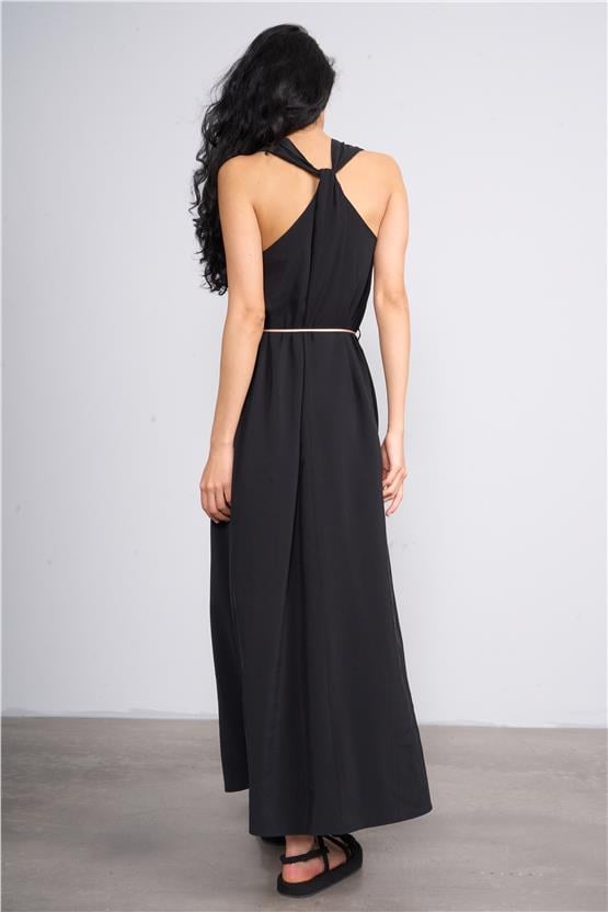 İkoll 1004514 Siyah Kadın Çicek Kemerli Modal Elbise