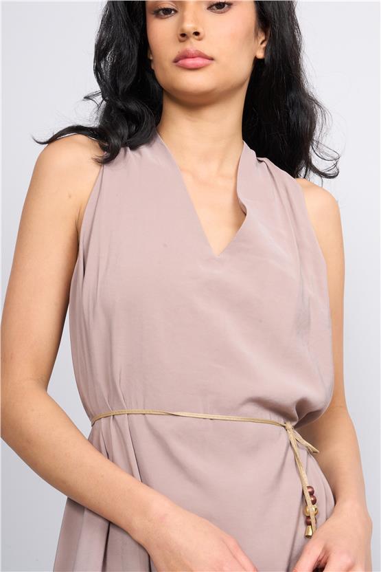 İkoll 1004514 Vizon Kadın Çicek Kemerli Modal Elbise