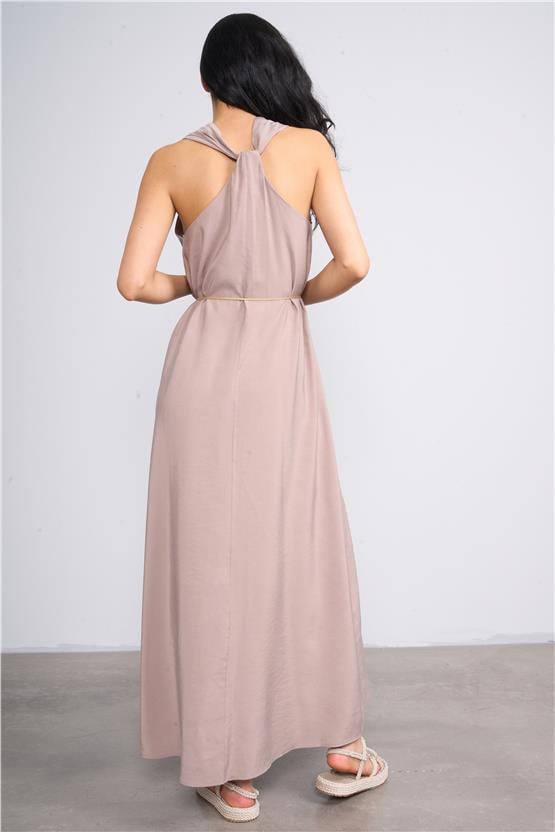 İkoll 1004514 Vizon Kadın Çicek Kemerli Modal Elbise