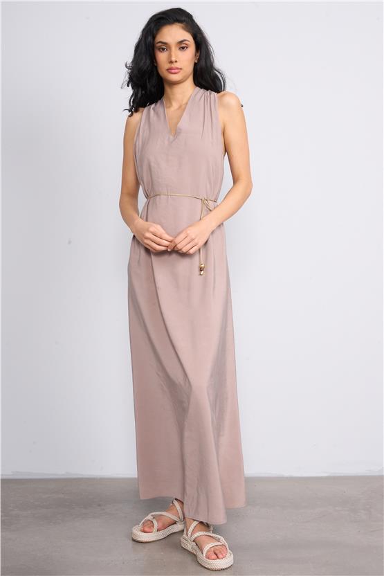 İkoll 1004514 Vizon Kadın Çicek Kemerli Modal Elbise