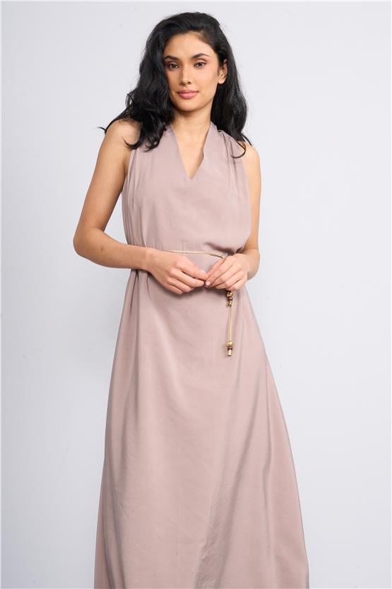 İkoll 1004514 Vizon Kadın Çicek Kemerli Modal Elbise