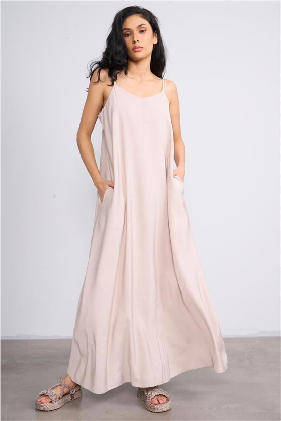 İkoll 1004530 Kum Kadın Askılı Modal Maxi Elbise