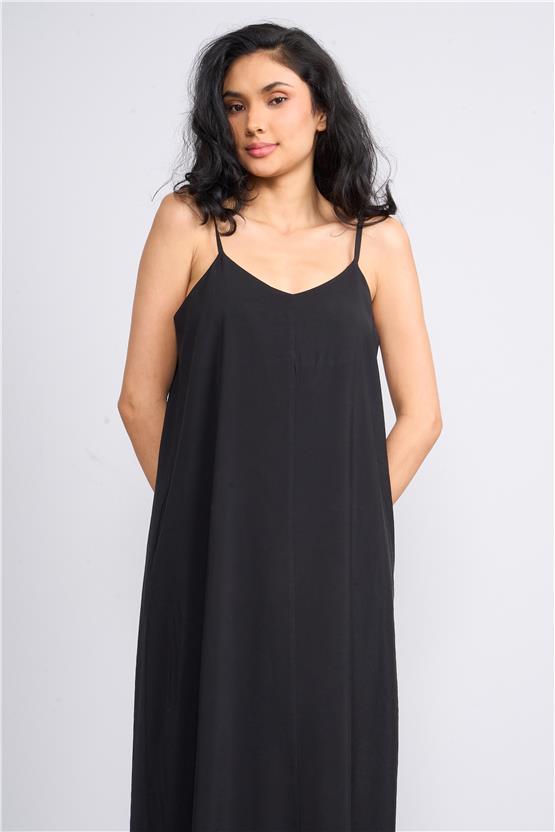 İkoll 1004530 Siyah Kadın Askılı Modal Maxi Elbise