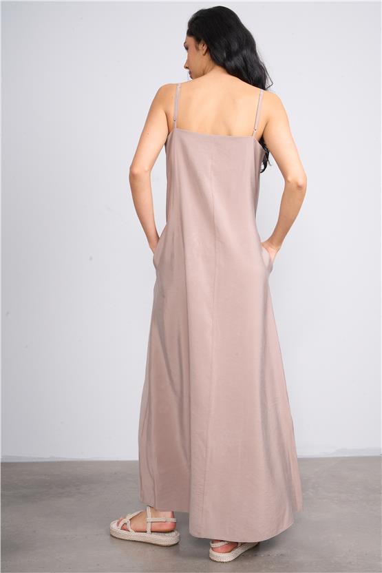 İkoll 1004530 Vizon Kadın Askılı Modal Maxi Elbise