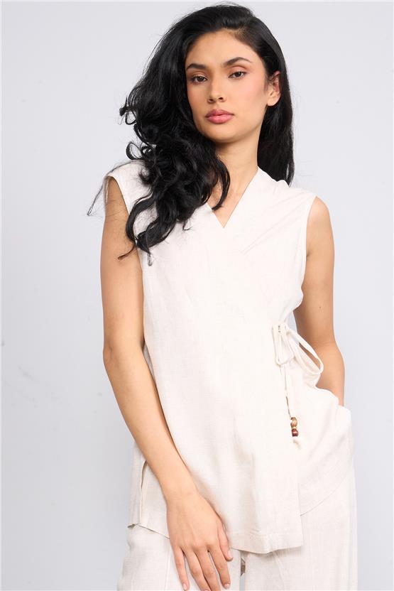 İkoll 1004552 Bej Kadın Kruvaze Bağlamalı Keten Takım