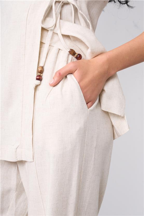 İkoll 1004552 Bej Kadın Kruvaze Bağlamalı Keten Takım