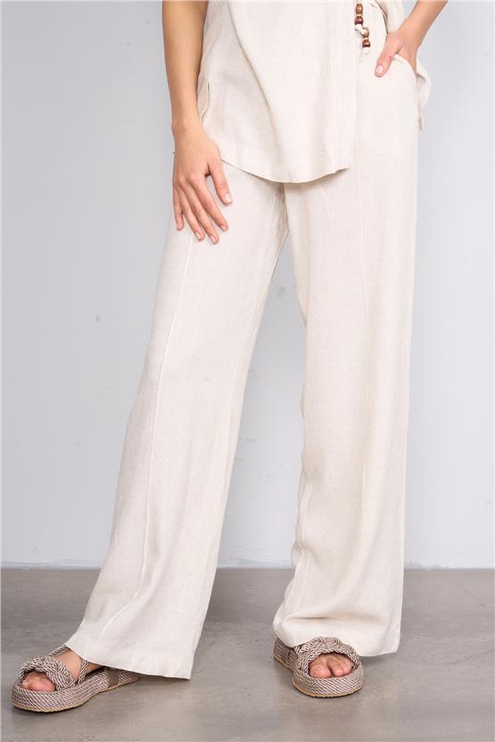 İkoll 1004552 Bej Kadın Kruvaze Bağlamalı Keten Takım