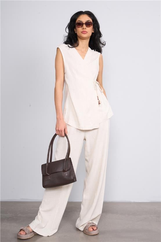 İkoll 1004552 Bej Kadın Kruvaze Bağlamalı Keten Takım