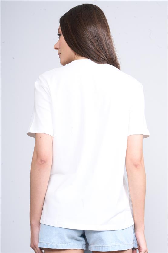 İkoll 1004623 Ekru Kadın Karyoka Dıkıs Detaylı T-Shirt