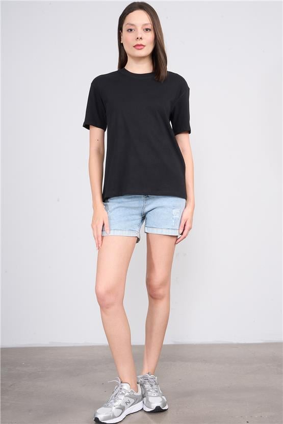 İkoll 1004623 Siyah Kadın Karyoka Dıkıs Detaylı T-Shirt