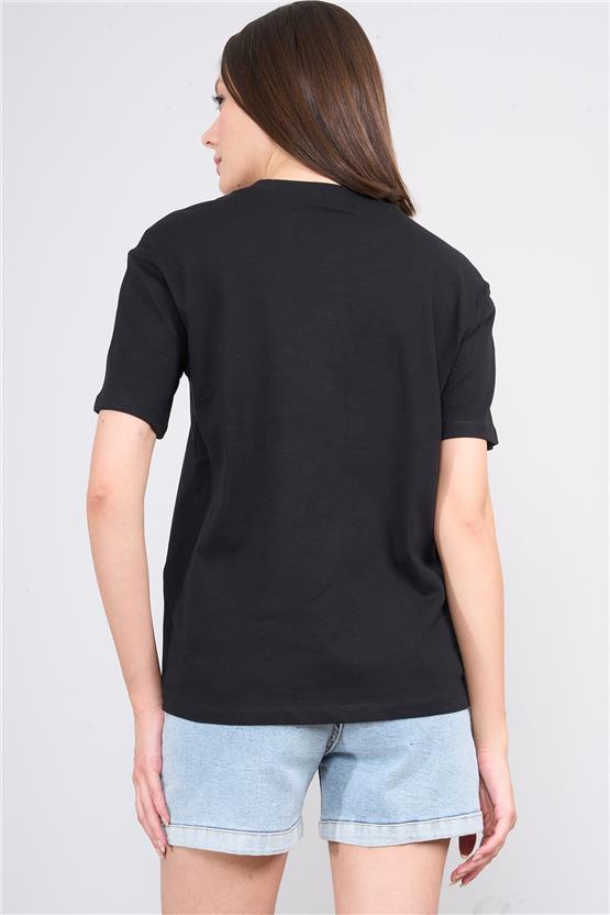 İkoll 1004623 Siyah Kadın Karyoka Dıkıs Detaylı T-Shirt