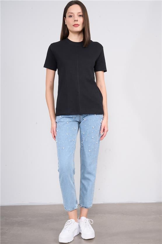 İkoll 1004625 Siyah Kadın Bisiklet Yaka Basic T-Shirt