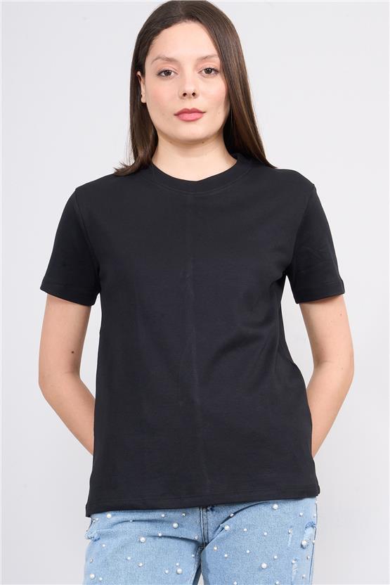 İkoll 1004625 Siyah Kadın Bisiklet Yaka Basic T-Shirt
