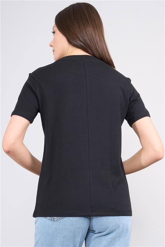 İkoll 1004625 Siyah Kadın Bisiklet Yaka Basic T-Shirt